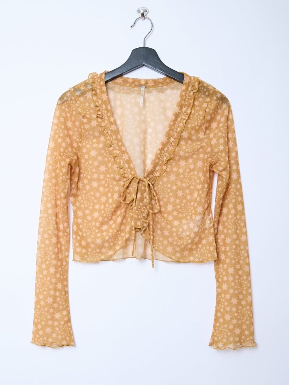 Free People Marne Sheer Star Print Ruffle Collar Whimsical Tie Front Crop Top